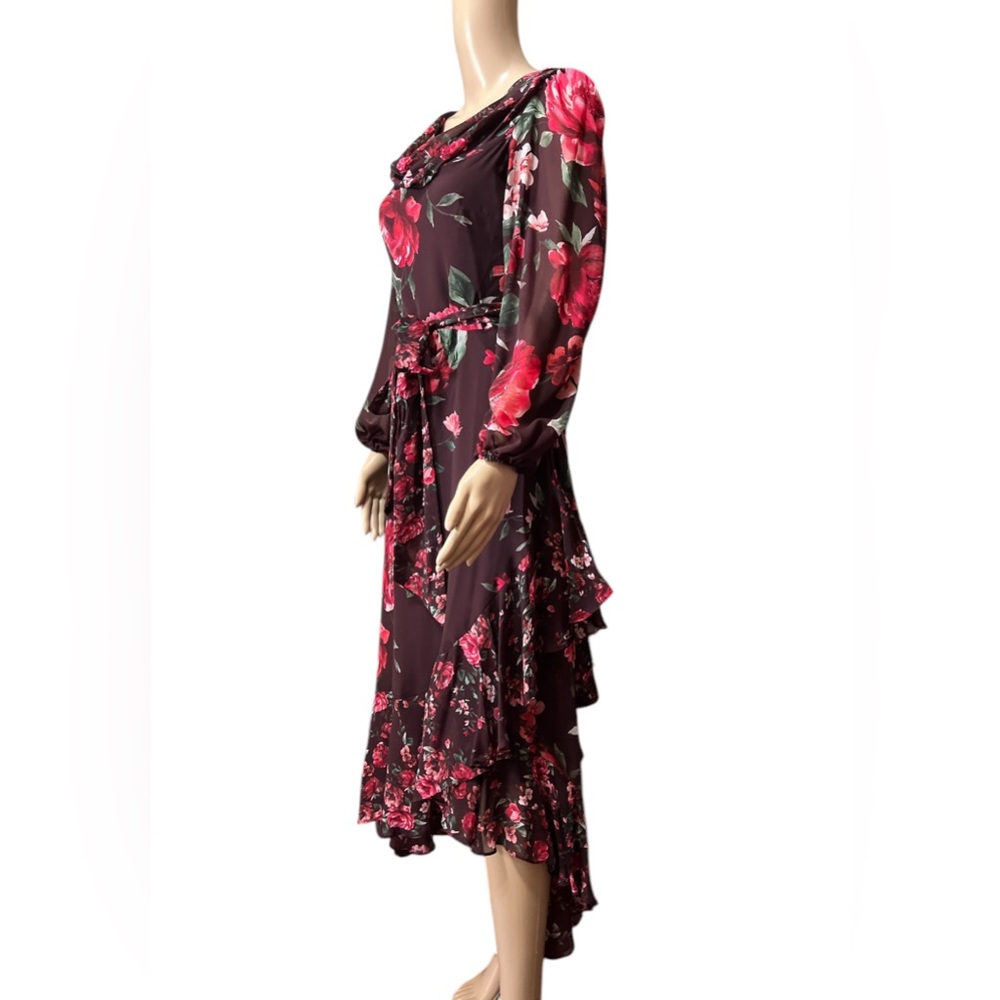 NWT Alex Marie Size 2 Chiffon Floral Midi Dress Cowl Neck Long Sleeves Ruffles - Picture 4 of 13